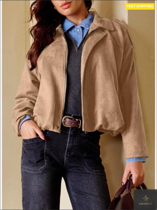 Faux Suede Bomber Jacket Cropped Zip Up Long Sleeve Trendy Y2K Outerwear with - Picture 2 of 7